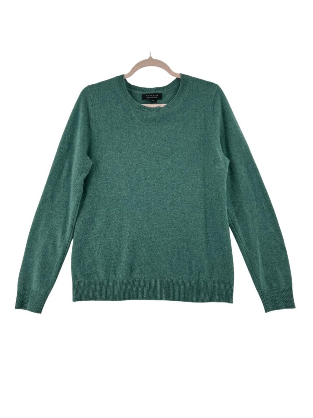 Tahari Sweater Womens Large Seafoam Green 100% Cashmere Crewneck Ribbed Hem Knit
